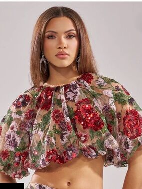 AKIRA Red & Green Sequin Floral Crop Top -listing is for top only.